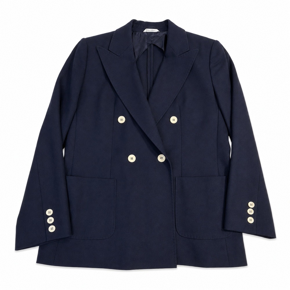 Max Mara Wool Blazer US 12 (46) Navy Double Breasted Peak Lapel Made Italy
